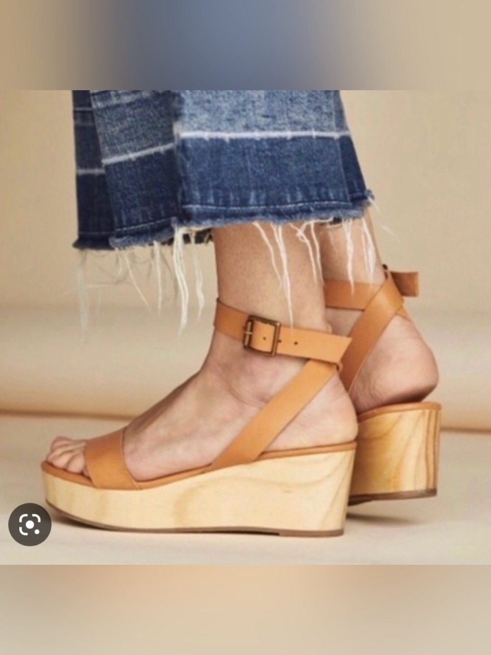 NISOLO Sarita Sandal - Leather Ankle-Strap, Wooden Wedge - Tan - Size 6 Women’s